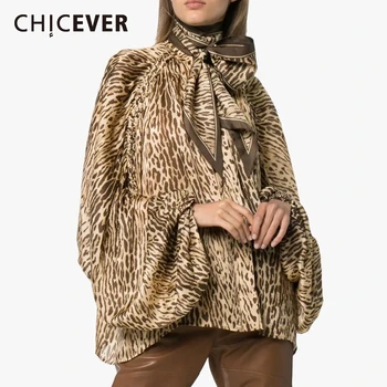 

CHICEVER Vintage Leopard Women's Shirt Stand Collar Lantern Sleeve Loose Lace Up Bowknot Large Size Blouse Female 2020 Fashion