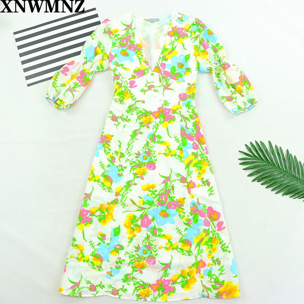 

2020 ZA Summer women dress casual flower printed belt decoration V-neck short-sleeved long dress Vestidos lady midi robe SHEI N