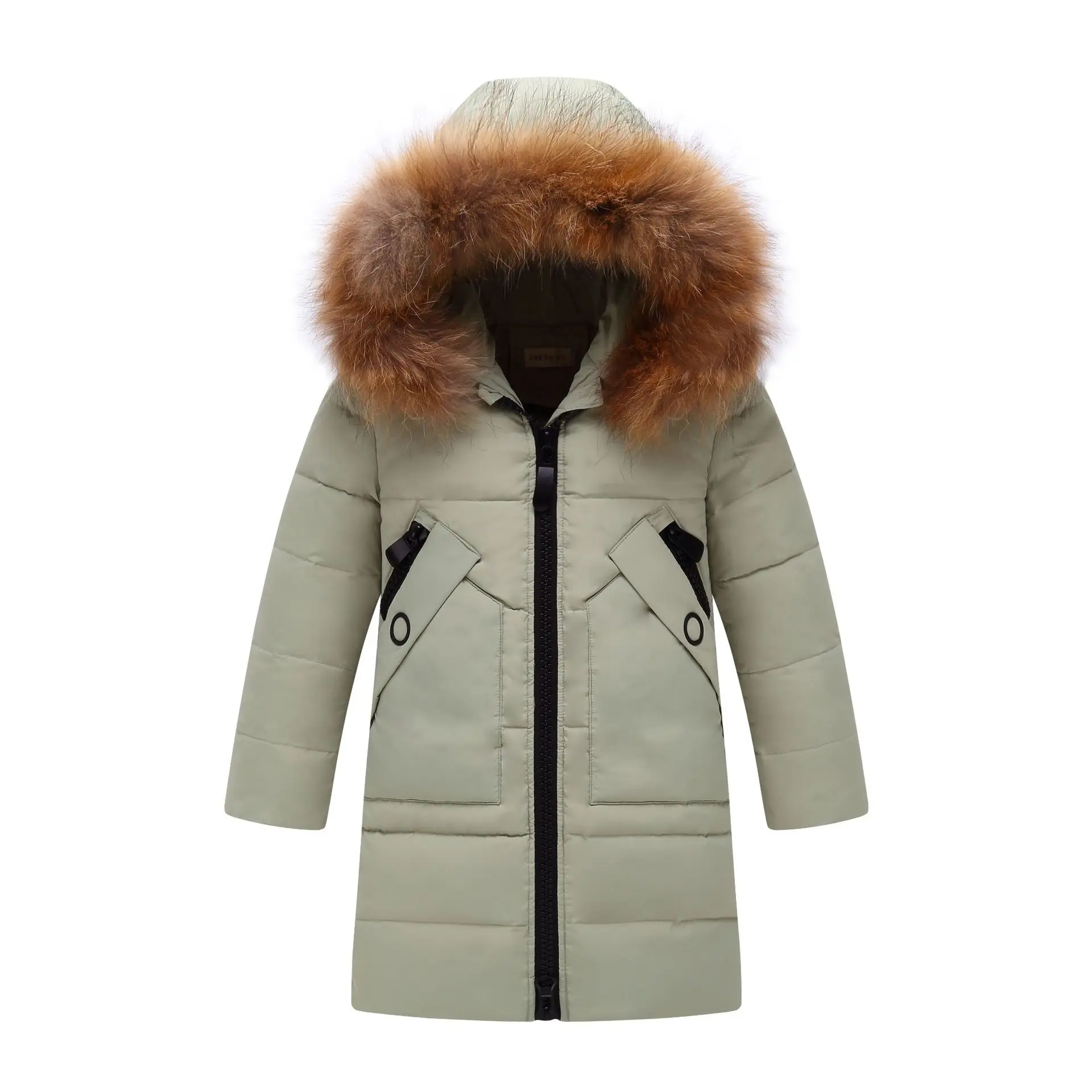 Bea Green 30degree Winter Warm Girl's Down Jackets Children Solid Long Down Parkas Coat Real Fur Hooded Kids Girls Teenager Outwear TZ139 - Цвет: Bea Green