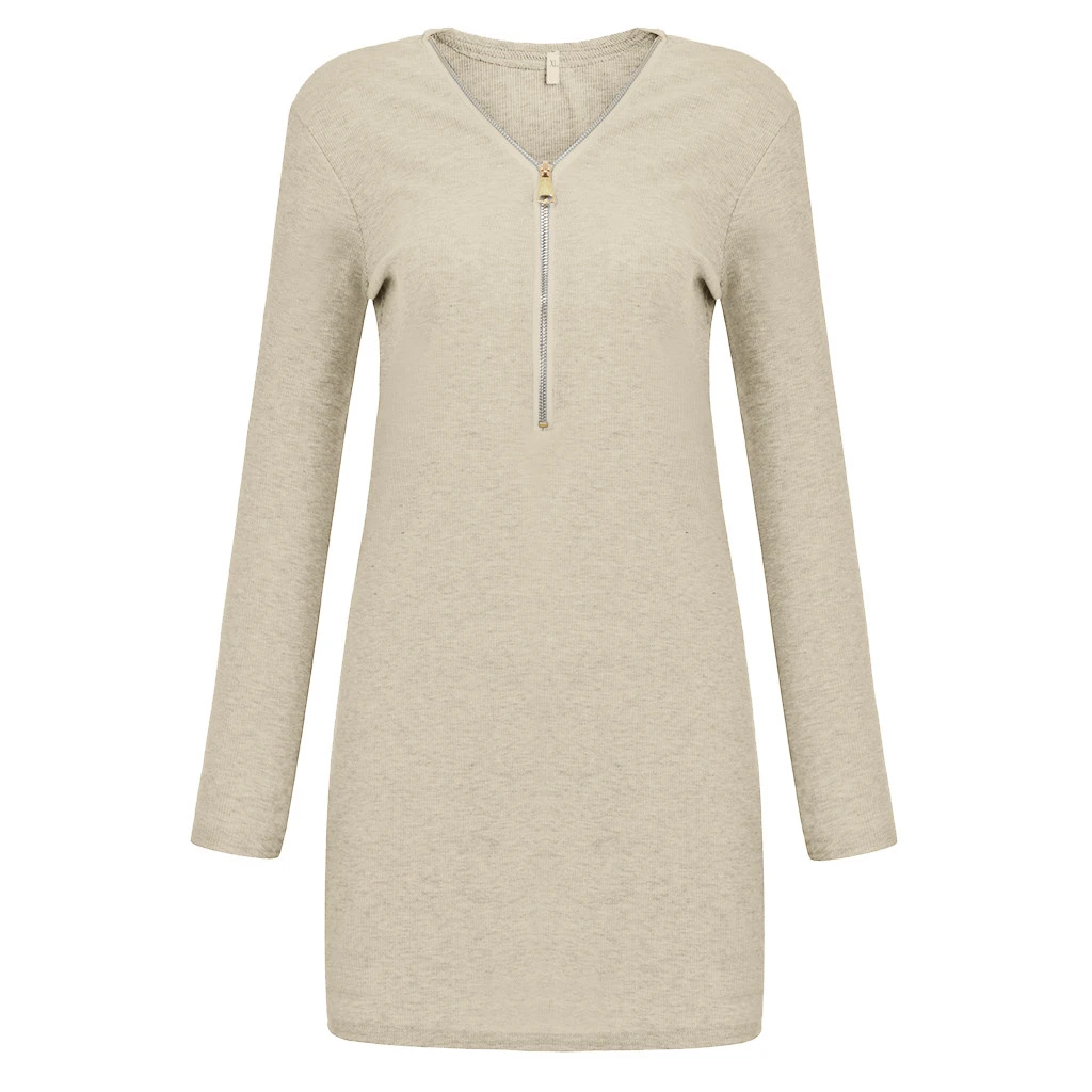 Above Knee Dress Fashion Women AutumnSexy Solid V-Neck Dresses Long Zipper Long Sleeve Tight Winter Mini Dress Girl Ladies 729