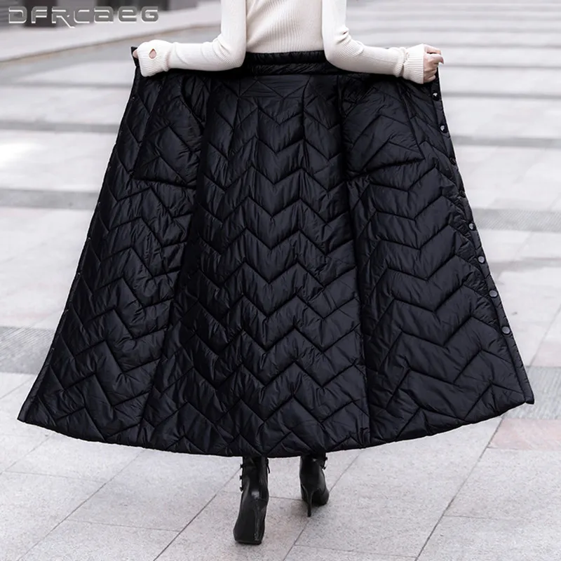 

Elegant Warm Down Cotton Women's Maxi Skirts Winter 2021 High Waist Thicken Single Breasted A-Line Skirt Female Black