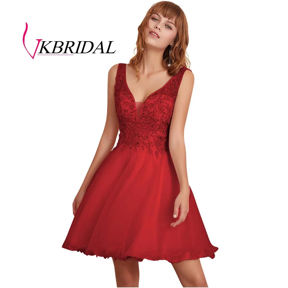 Красный VKBRIDAL/Короткие платья для выпускного вечера с аппликацией из бисера; Новинка года; vestido de formatura; Выпускные платья для подростков - Цвет: Красный