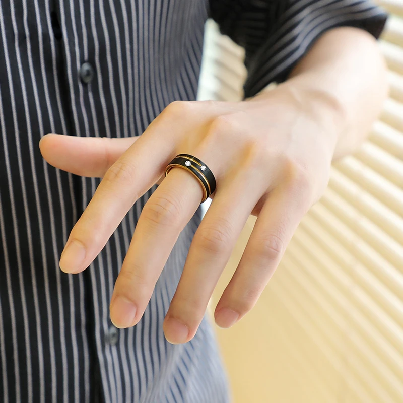 8mm Stainless Steel Gold Color Ring Crystal Wedding Band for Men's Engagement Party Jewelry Gift wedding rings