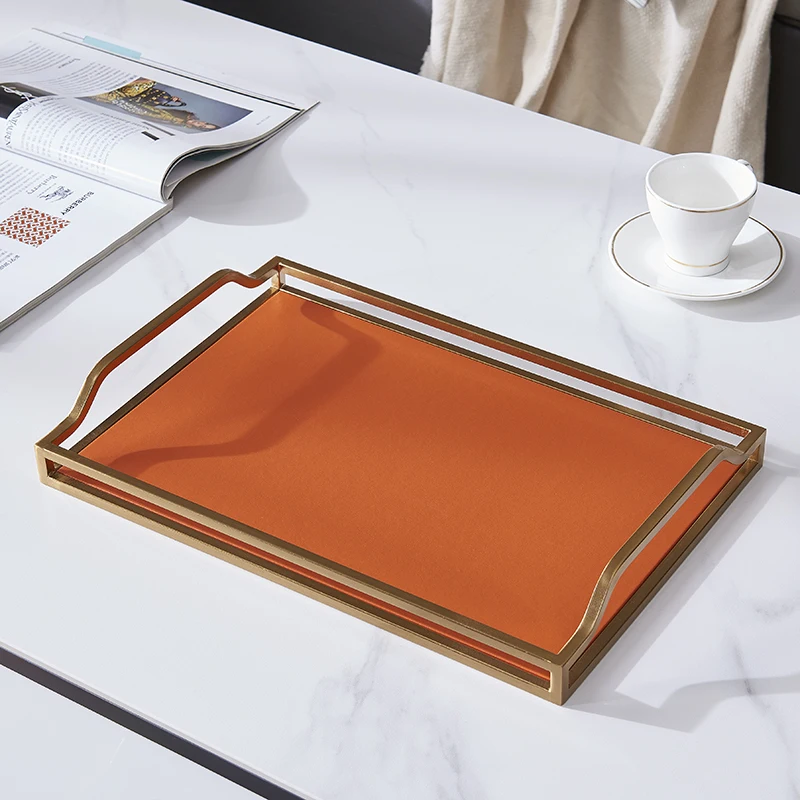 European Modern Simple Accents Home Tabletop Rectangle Shape Orange Leather Storage Tray With Gold Plating Metal Standing Way 3
