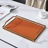 European Modern Simple Accents Home Tabletop Rectangle Shape Orange Leather Storage Tray With Gold Plating Metal Standing Way 3