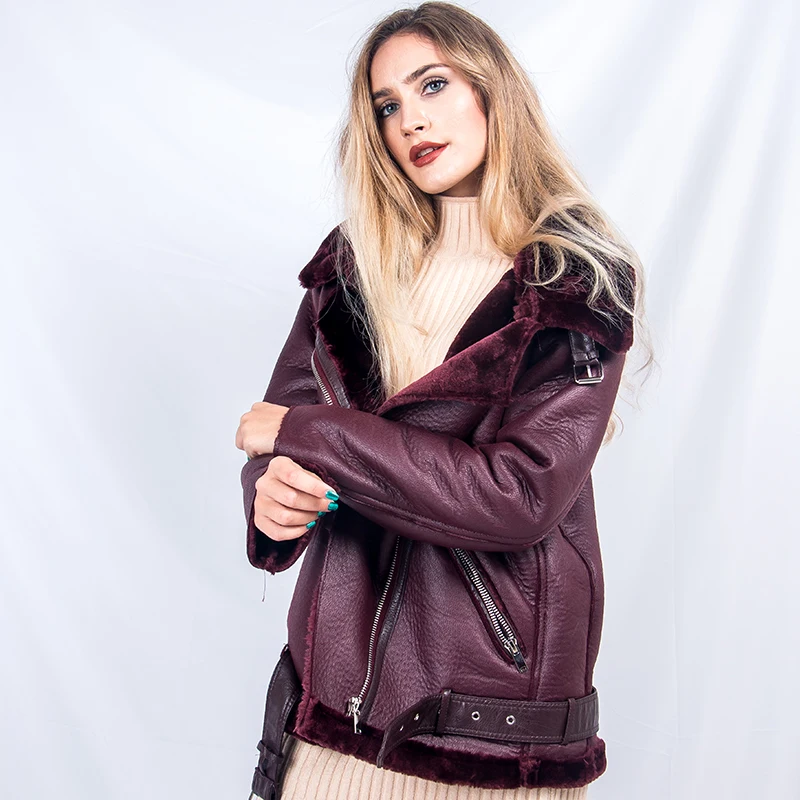 

FMFSSOM 2019 New Winter Women Sheepskin Coats Thicken Faux Leather Fur Female Coat Fur Lining Leather Jacket Aviator Jacket