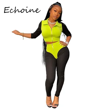 

2020 Spring Women Two Pieces Set Color Patchwork Jogging Femme Sportwear With Zipper Turn Down Collar Knit Ribbed Women Set