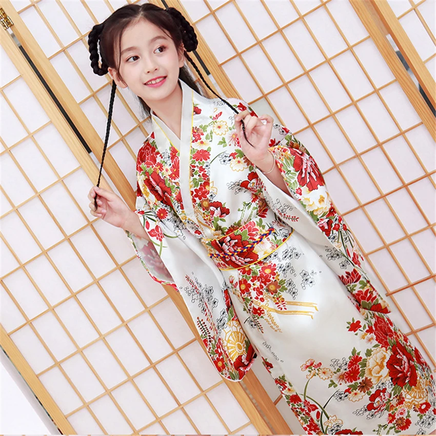 12 Colors Children Kimono Traditional Japanese Style Peacock Yukata Dress for Girl Kid Cosplay Japan Haori Costume Asian Clothes
