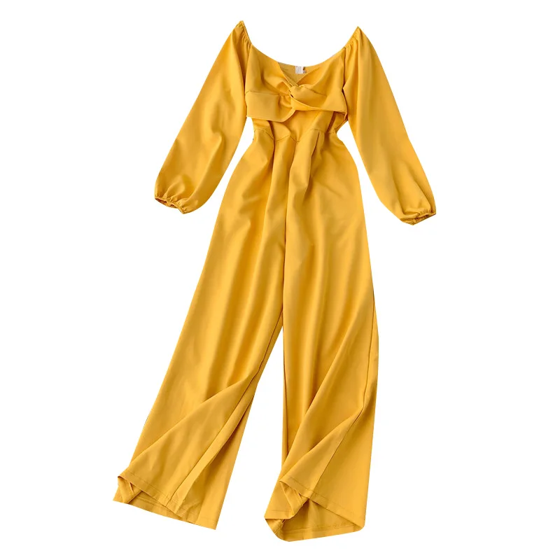 Повседневный женский комбинезон с длинным рукавом и открытыми плечами Осенняя мода облегающий желтый комбинезон с широкими штанинами на пуговицах для женщин