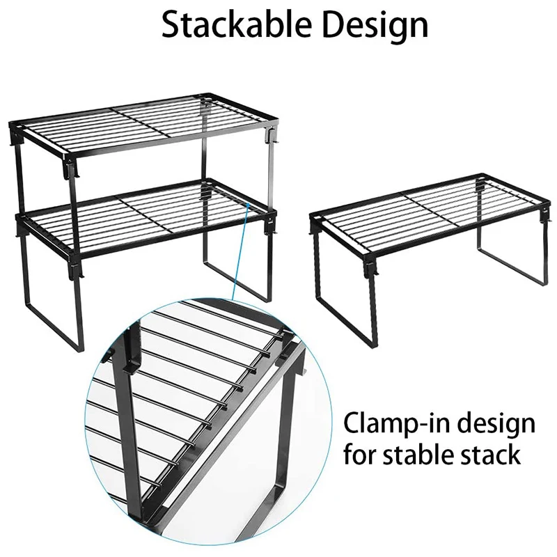 mDesign Metal Kitchen Shelf Stackable Organizer Storage Rack, 2 Pack, Black