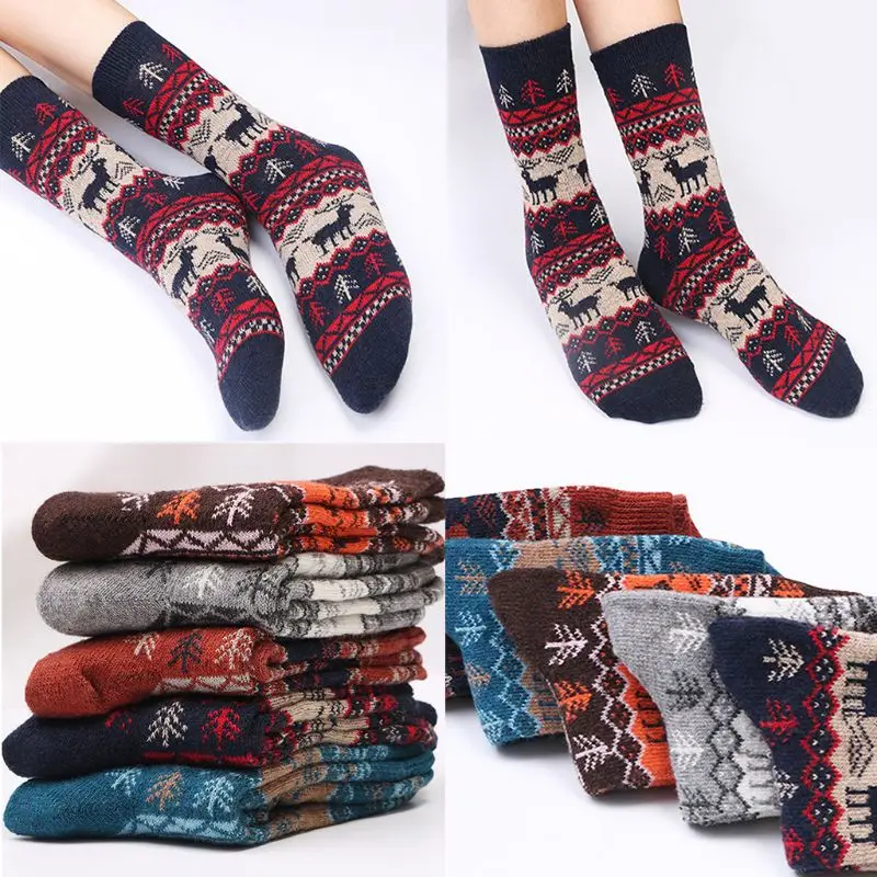 5 пар, женские зимние утепленные вязаные носки, этнические Носки с рисунком рождественской елки, оленя, в полоску, теплые длинные носки до середины икры