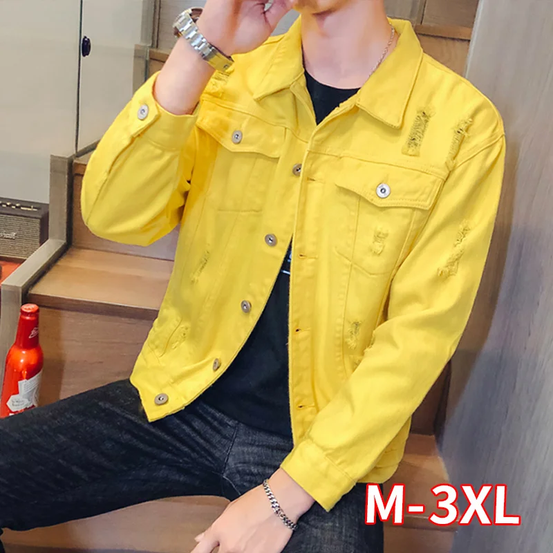 Men Casual Simple Loose Men Jacket Spring New Yellow Denim Jacket Holes Long Sleeve Hole Jeans Jacket Men Outwear