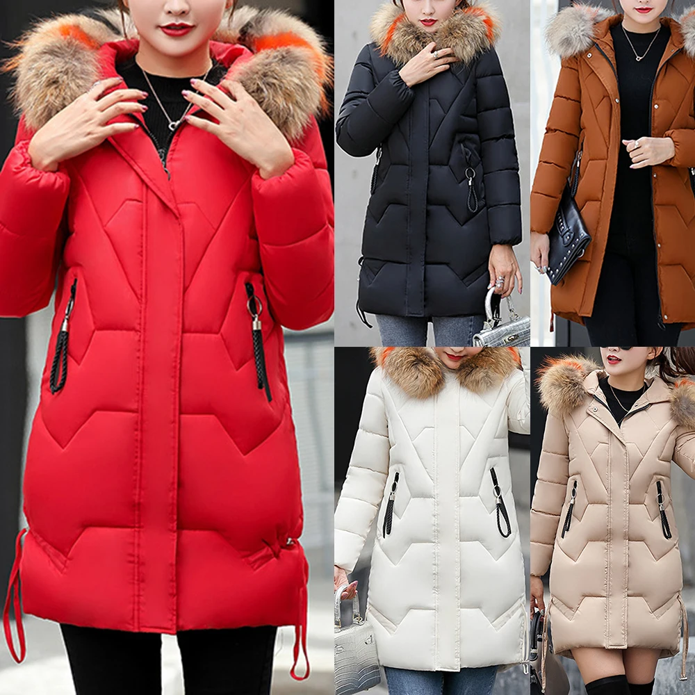 Oeak, зимняя куртка, женская, теплая, с капюшоном, с меховым воротником, Повседневная парка, пальто, однотонный, с хлопковой подкладкой, на молнии, с карманом, красная парка, Женская куртка