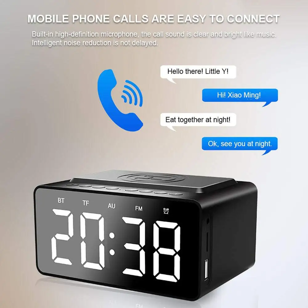 FM беспроводной Bluetooth динамик с часами светодиодный Будильник банк питания три в