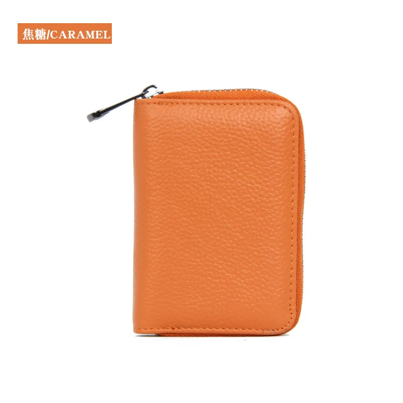 caramel The first layer of leather anti-magnetic rfid leather unisex card package ID package zipper card set business card package - Цвет: caramel