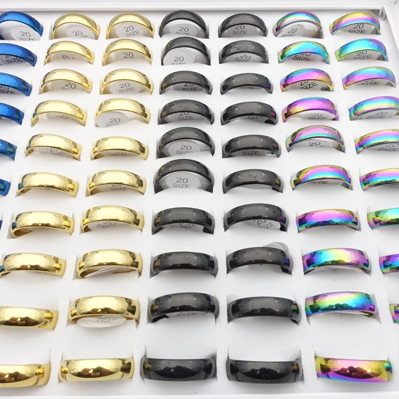 MIXMAX 100pcs Stainless Steel Rings For Men Women Mix 5 Colors Width 6mm Fashion Jewelry Wedding Band Couple Ring Wholesale Lot