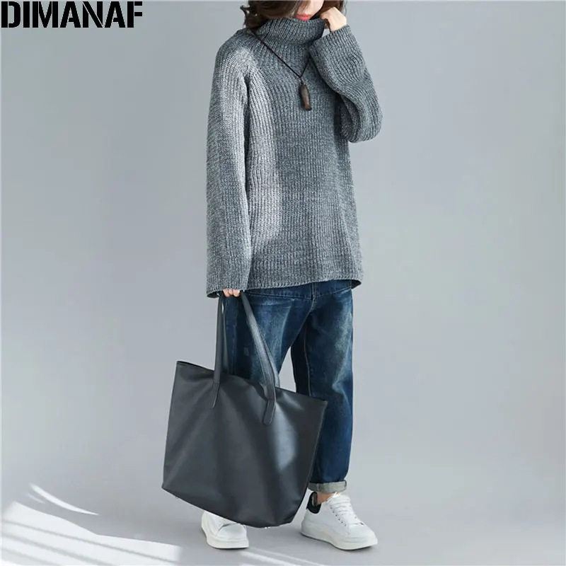 DIMANAF, женский свитер размера плюс, Осень-зима, пуловеры, вязанная водолазка, свободный, Повседневный, женский, женский, топ, длинный рукав, одежда