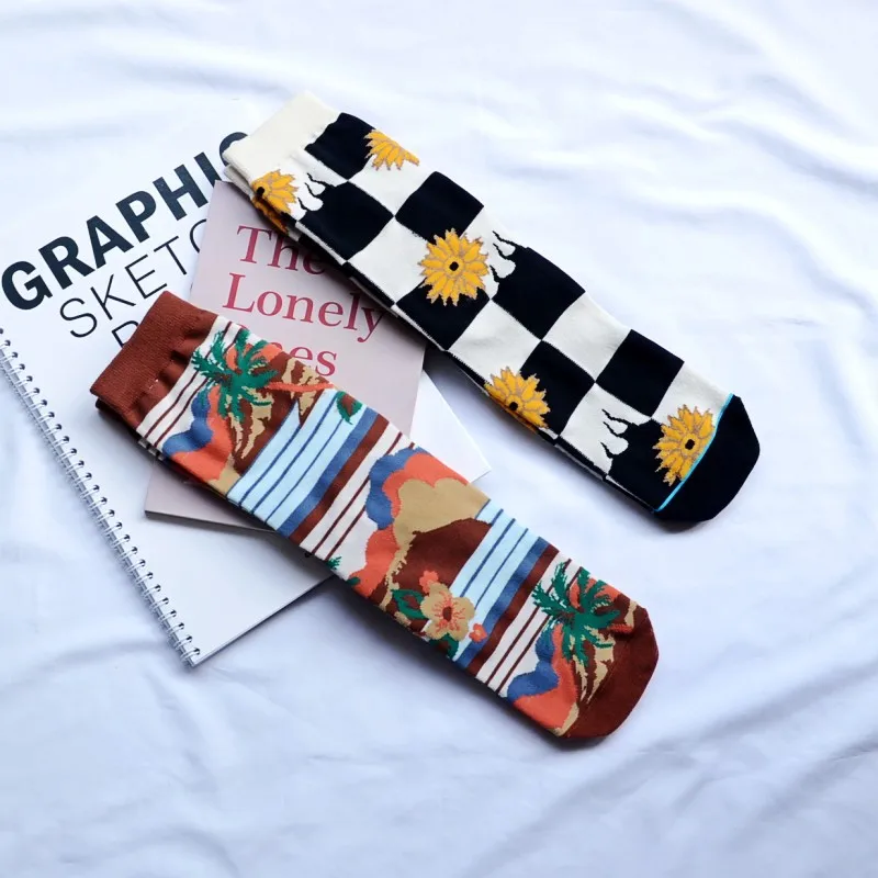 Dropshipping 2020 Combed Cotton Short Socks Unisex Cartoon Striped Coconut Tree Fashion Plaid Sunflower Retro Plant Sport Socks