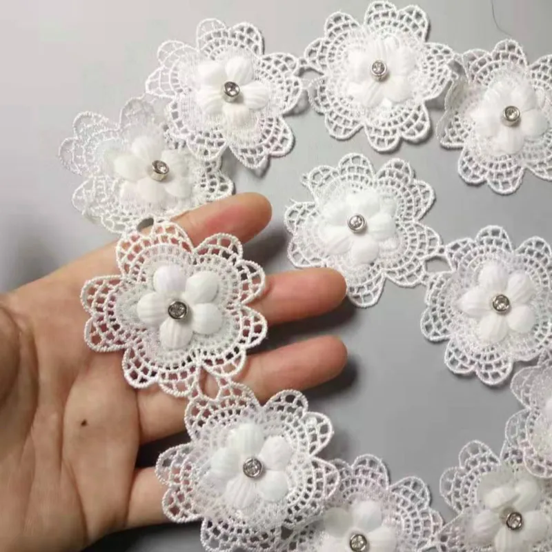 

10pcs/lot White 5cm Pearl 3D Flower Tassel Lace Trim Ribbon Fabric Embroidered Applique Sewing Craft Wedding Dress Clothes