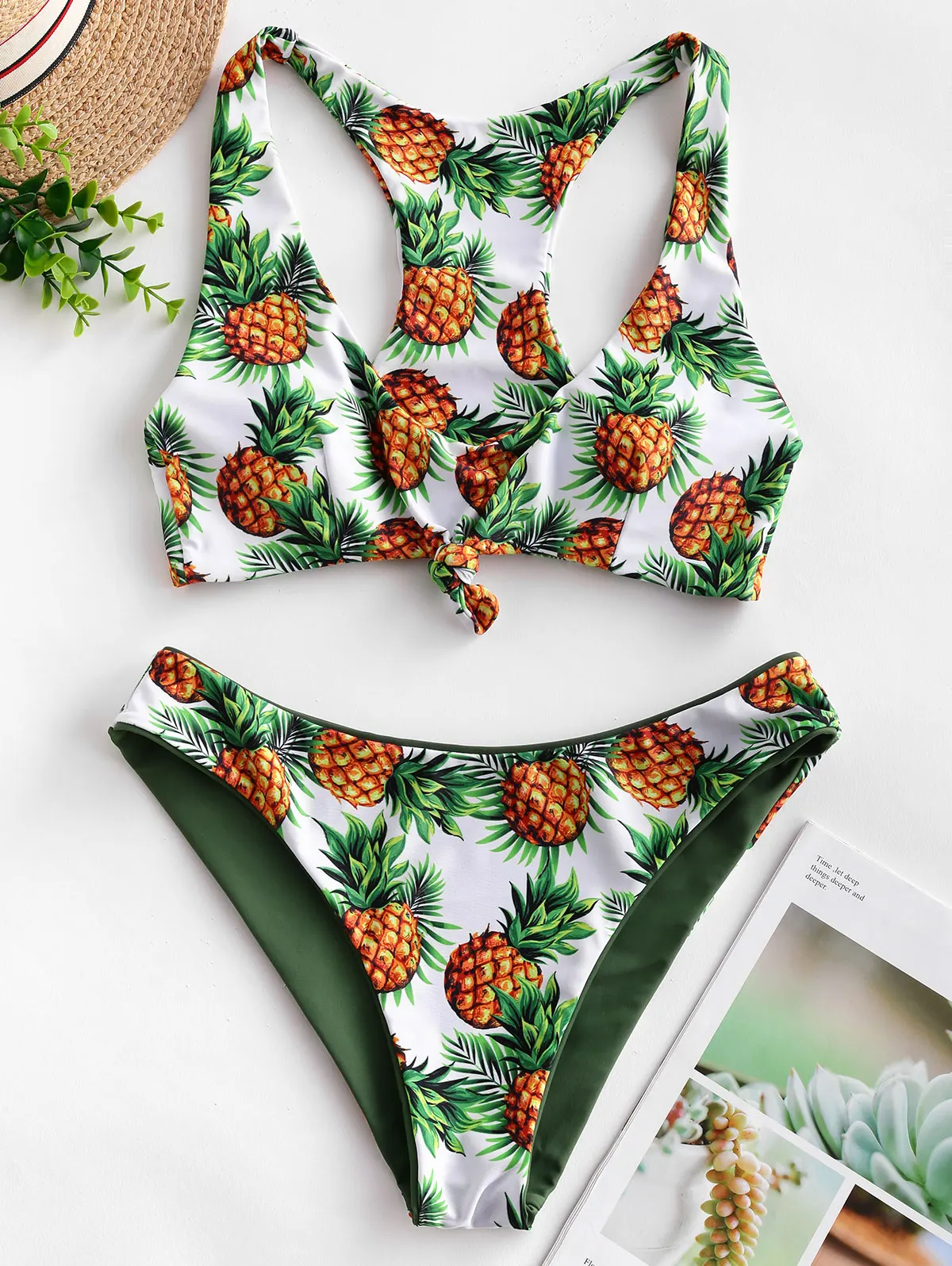 ZAFUL Women Reversible Pineapple Print Racerback Bikini Swimwear Scoop Neck Tropical Bikini Sets Solid Color Two Pieces Swimsuit ZAFUL Women Reversible Pineapple Print Racerback Bikini Swimwear Scoop Neck Tropical Bikini Sets Solid Color Two Pieces Swimsuit
