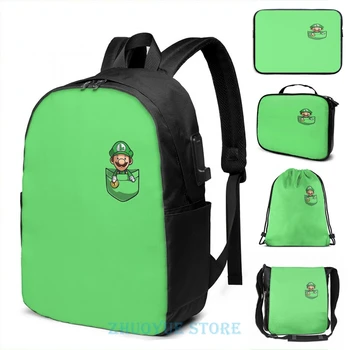 

Funny Graphic print Pocket Luigi Tshirt USB Charge Backpack men School bags Women bag Travel laptop bag