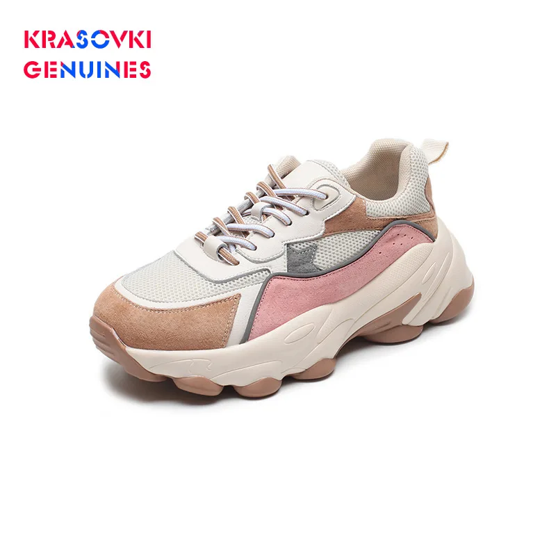 

Krasovki Genuines Sneakers Women Autumn Fashion Round Toe Dropshipping Mixed Colors Sewing Thick Bottom Lace Causal Women Shoes