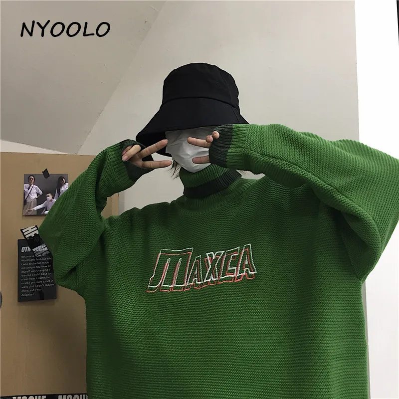 NYOOLO свитер в стиле Харадзюку с вышитыми буквами из кусков, осенне-зимний уличный вязаный свитер с длинными рукавами и воротником-хомутом для женщин и мужчин - Цвет: Зеленый