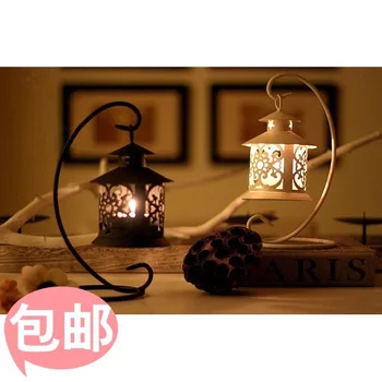 

European Style Home Retro Morocco Iron Art Glass Wind-proof Light Candlestick Lantern Birthday Gift Wedding Decoration
