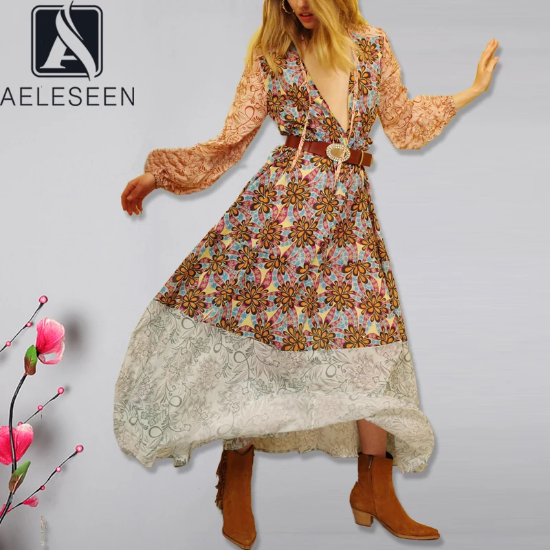AELESEEN, весеннее модное пляжное платье для женщин, длинный рукав, дизайнерское подиумное, цветочный принт, v-образный вырез, пояс, оборки, вечерние, элегантное платье