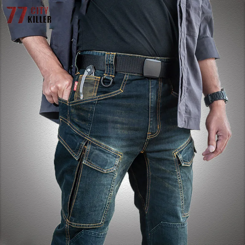 Military Tactical Denim Pants Men Multi pocket Elasticity Combat