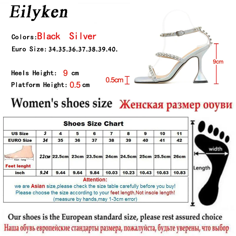 Eilyken Новая мода стразы женские босоножки на высоком каблуке; Соблазнительные туфли Пряжка на щиколотке босоножки с ремешками, с открытым носком, с украшением в виде кристаллов вечерние sandalia feminina