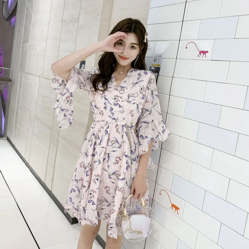 Boho Style Chiffon Dress Women New Summer Ruffles Sleeve V-neck Floral Print Dress Female Beach Tunic Party Dress Vestido
