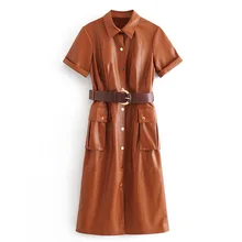AGong, отложной воротник, платья из искусственной кожи, женское модное платье с поясом и завязками на талии, женские элегантные платья с карманами, женские платья