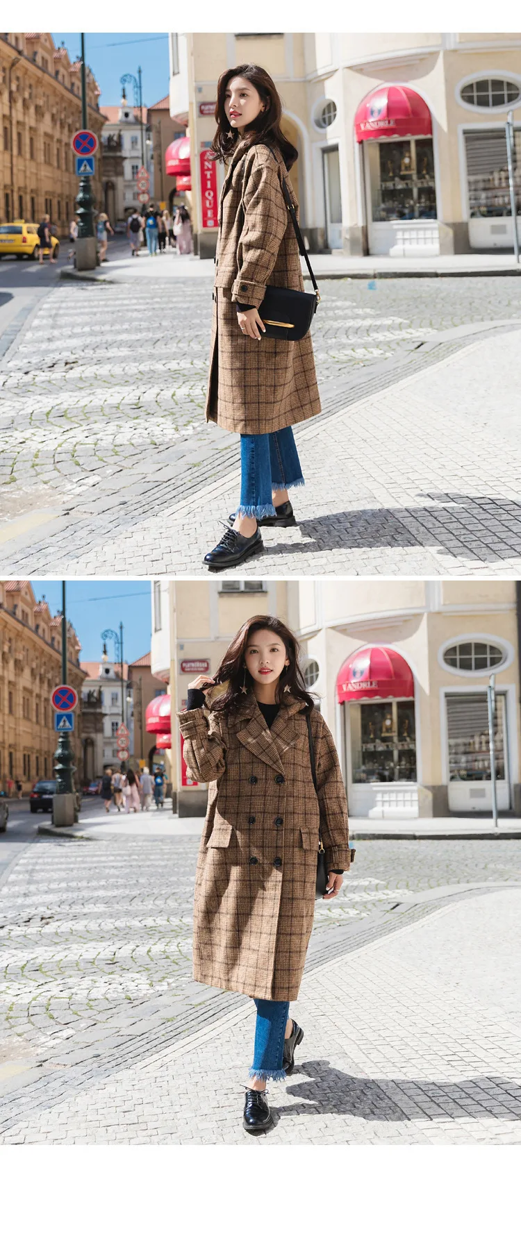 Vintage Plaids Clothes Loose Woollen Coat Women's New Checked Coat Baggy Silhouette Overcoat Tweeds Winter female Outerwear