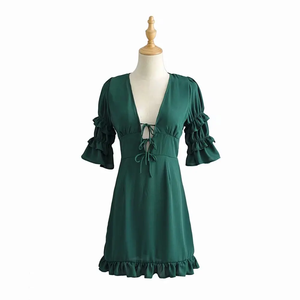 1815 green X60 Bazaleas, сексуальное зеленое платье с глубоким v-образным вырезом, Бандажное платье с завязками, элегантное шифоновое платье с коротким рукавом и оборками, женское праздничное платье - Цвет: 1815 green X60