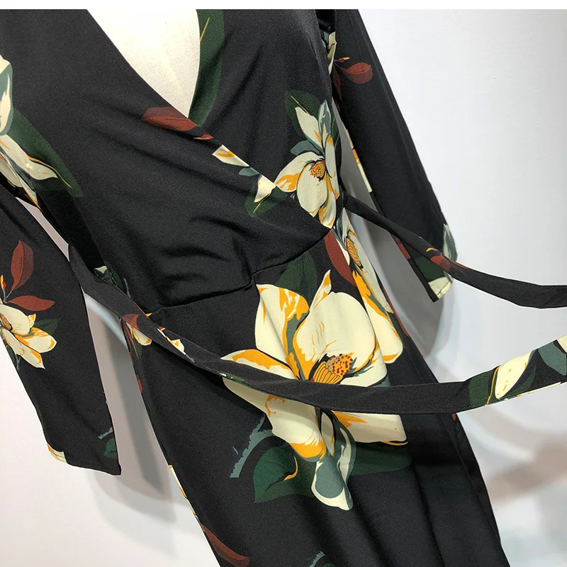 Womens Sexy Print Dress Women Vintage Sexy Deep V Neck Floral Dress Bow Tie Sashes Female Spring Streetwear Dresses Vestid