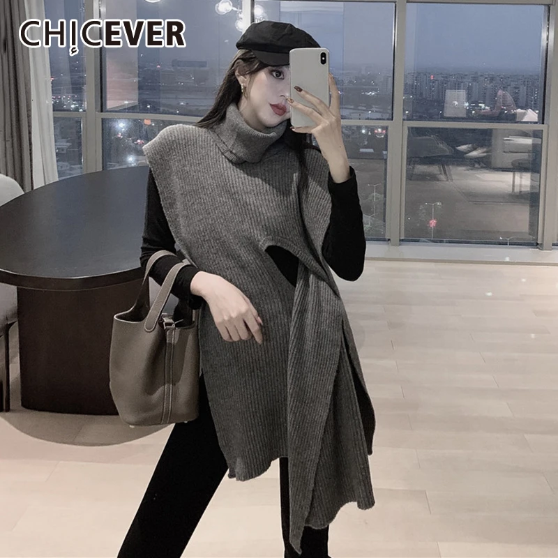 CHICEVER корейский Вязаный плащ свитер для женщин короткий рукав водолазка нерегулярные крест-накрест женские свитера осень зима