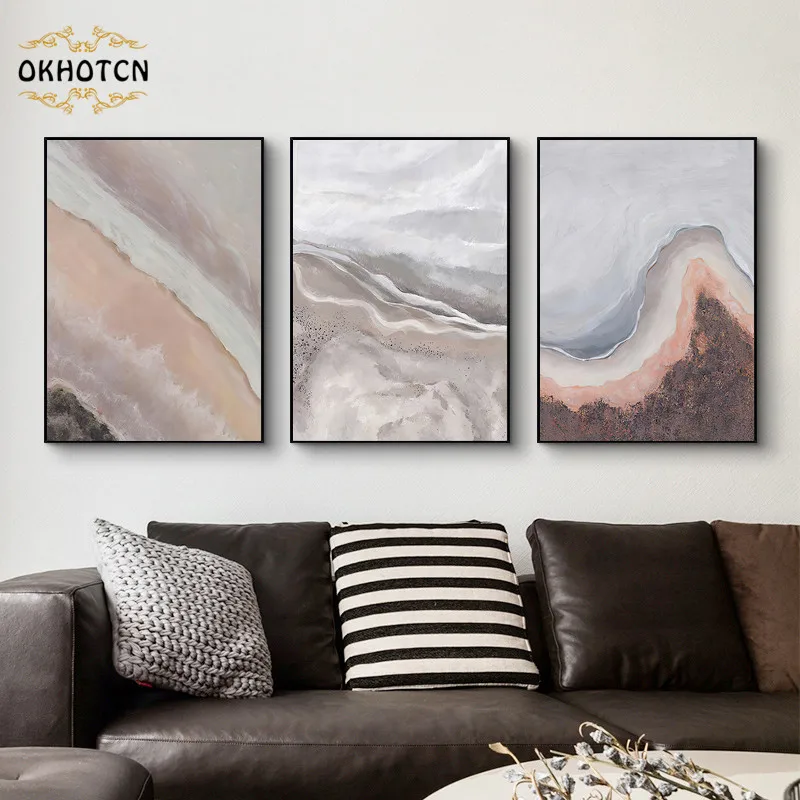 

Nordic Abstract Sea River Beach Wall Art Canvas Painting Pink Retro Poster Print Wall Picture for Living Room Dinner Room Decor