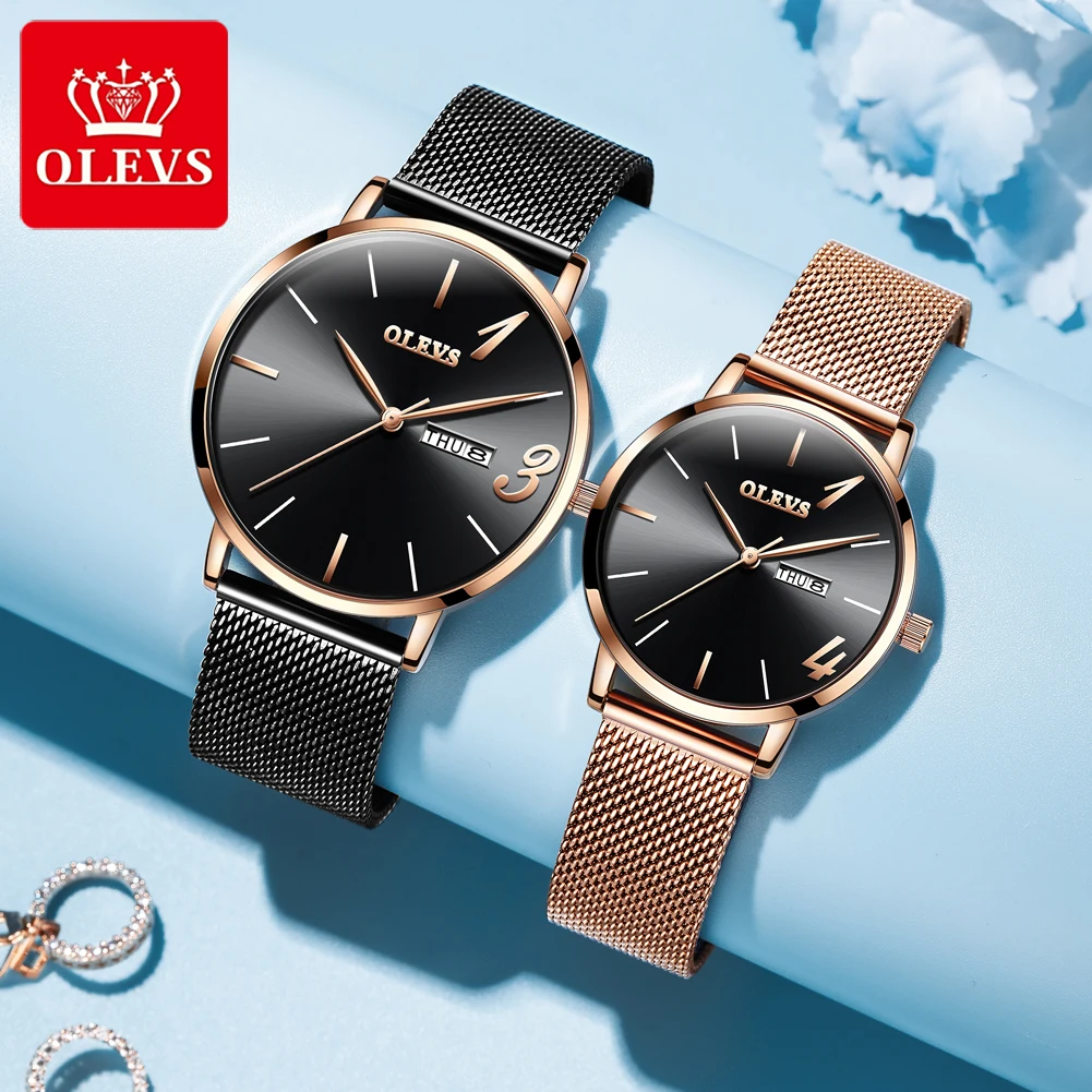 

OLEVS Watch Couple Auto Date Week Quartz Wristwatch Set Lovers Waterproof Original Brand Women Men Casual Luxury with Box