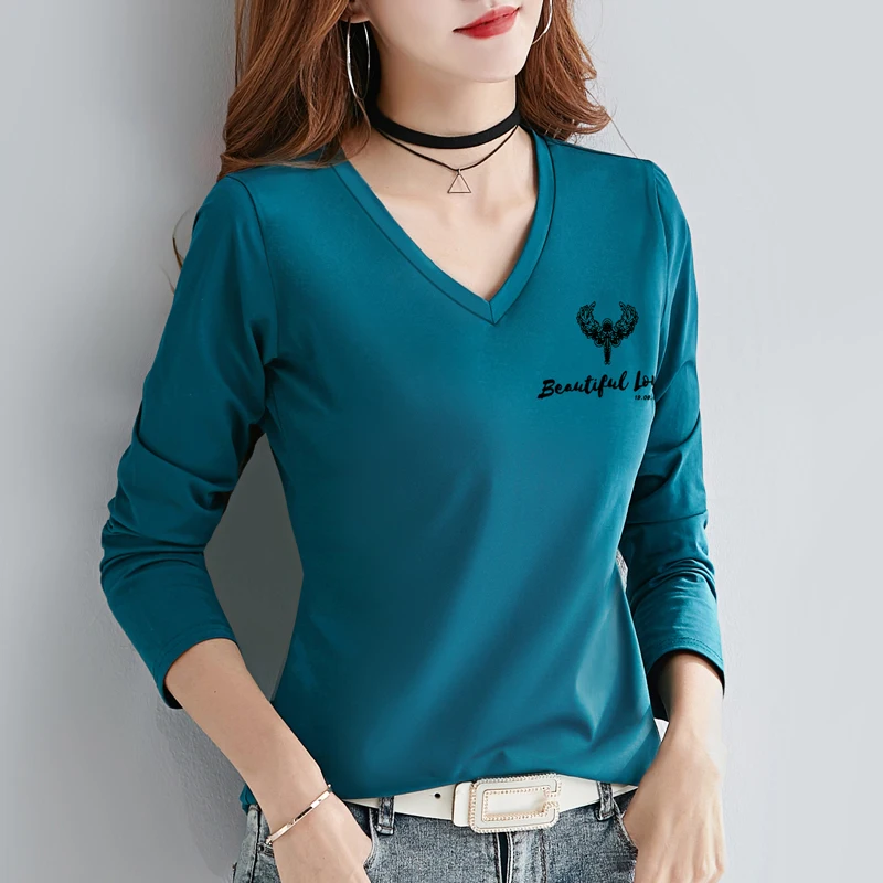 New Arrival 2020 Spring Autumn Women V-Neck Long Sleeve T-shirt Korean Fashion Cute Print Good Quality Cotton T-shirt