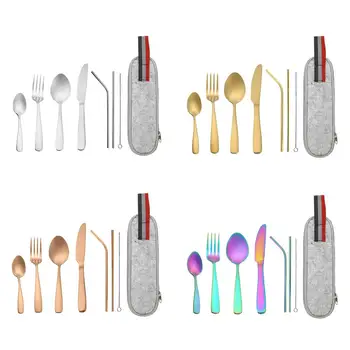 

8pcs Portable Dinnerware Set Fork Spoon Cleaning Brush Knife Straw Steel Travel Cutlery Camping Tableware Reusable Utensils Set