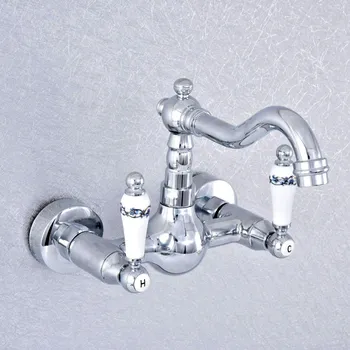 

Silver Polished Chrome Brass Wall Mounted Double Ceramic Handles Bathroom Kitchen Sink Faucet Mixer Tap Swivel Spout asf545