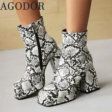 

AGODOR Women Snake Square Toe Gogo Boots Chunky High Heeled Ankle Boots Ladies Platform Block Heel Winter Booties Women Shoes