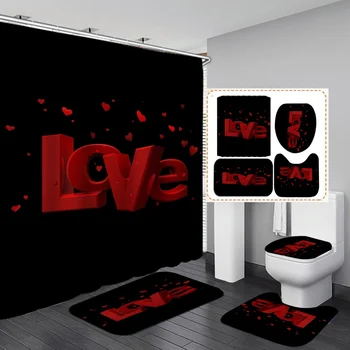 

Romantic Love Bathroom Set Valentine's Day Printing Waterproof Shower Curtain Toilet Cover Mat Non Slip Rug Home Decoration