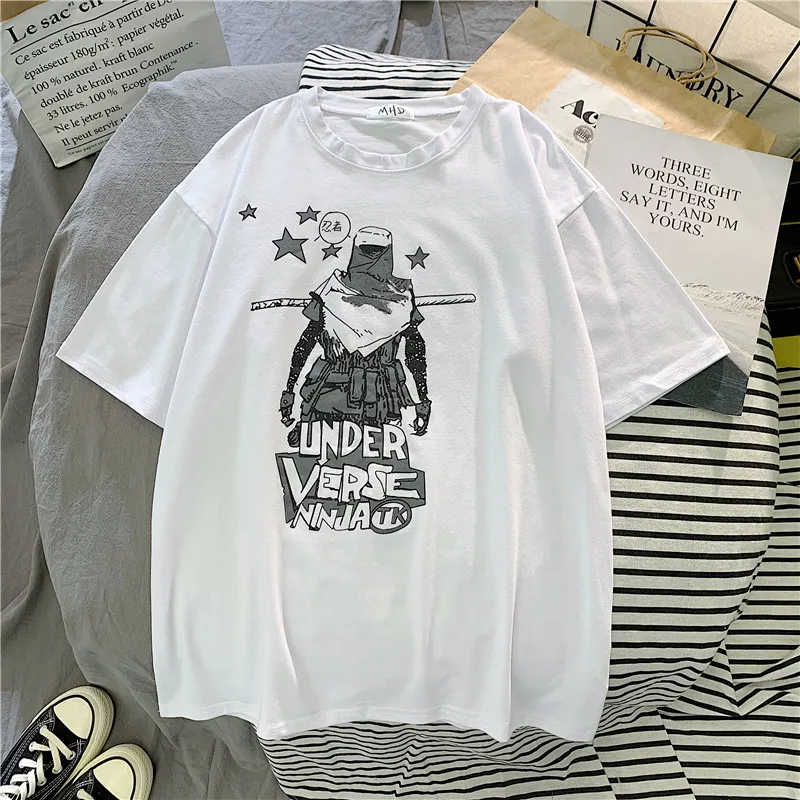 GCAROL 2020 Spring Summer Women Cartoon T-shirt Oversized Graphic Stripes Graffiti Long Tees Multi-design harajuku Tops