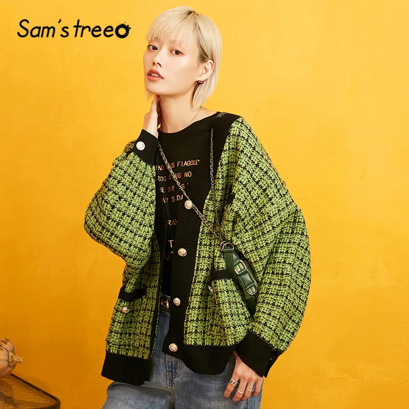 Cena SAM S drzewo w kratę, z guzikami Brit grafiki rozpinany sweter kobiet 2019 zima opuszczane ramiona z dzianiny z długim rękawem na co dzień biurowa, damska topy