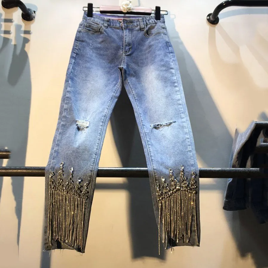 Леди 2019 осень весна тонкие джинсовые брюки с дырками женские тяжелые шипованные с бисером бахромой просверленные джинсы с высокой талией