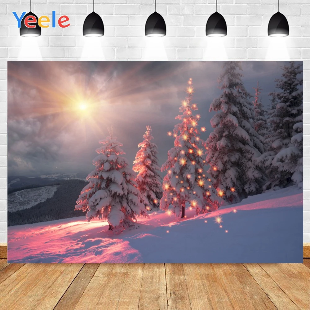 

Yeele Christmas Trees Outdoor Snow Red Lights Spots Sunshine Photo Background Photophone Backdrops for Decor Customized Size