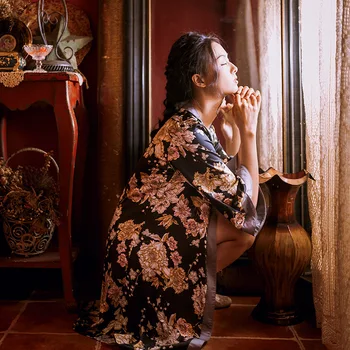 

Silk Satin Pajamas Women'S Two-Piece Suit Home Clothes Retro Style Flowers Japanese Style Nightgown Jacket Sexy Suspender Skirt