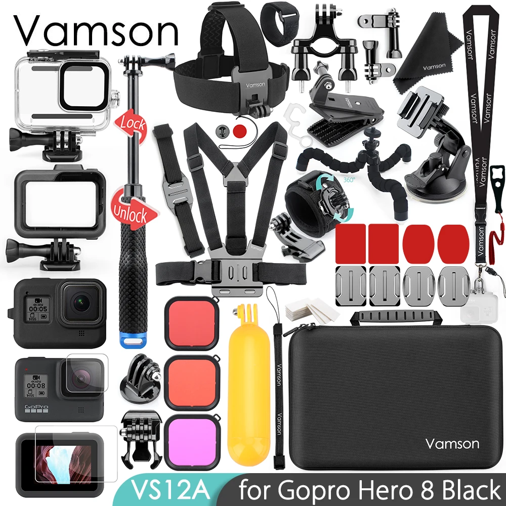 Vamson для Gopro hero 8, черный комплект аксессуаров, Супер набор, водонепроницаемый корпус, чехол, Крепление для штатива, монопод для Go pro hero 8 VS12 - Цвет: VS12A